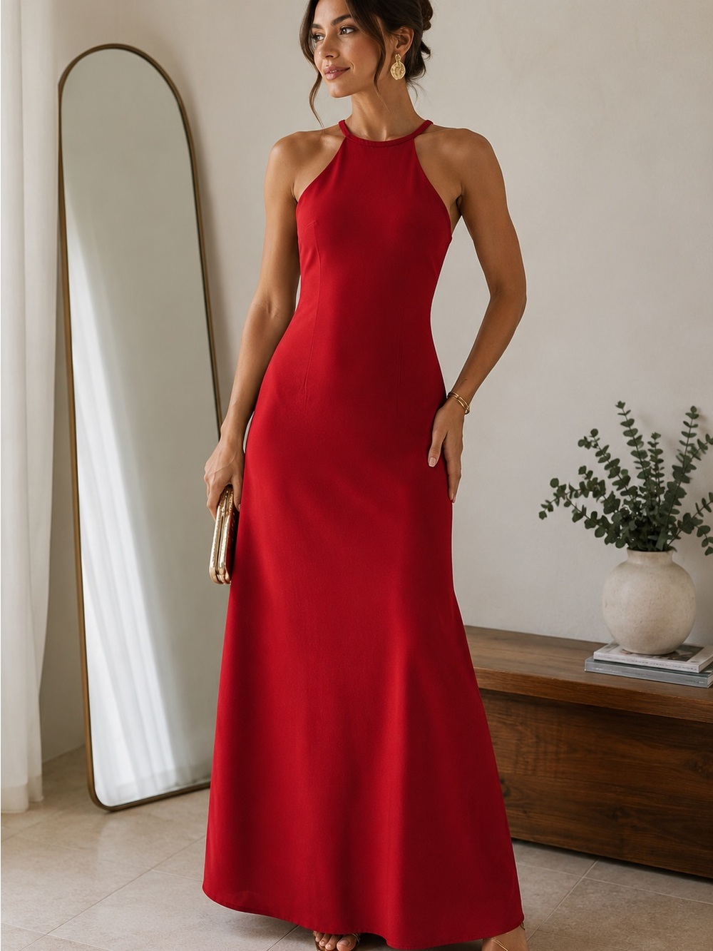 Calvin Klein Red Halter Maxi Dress
